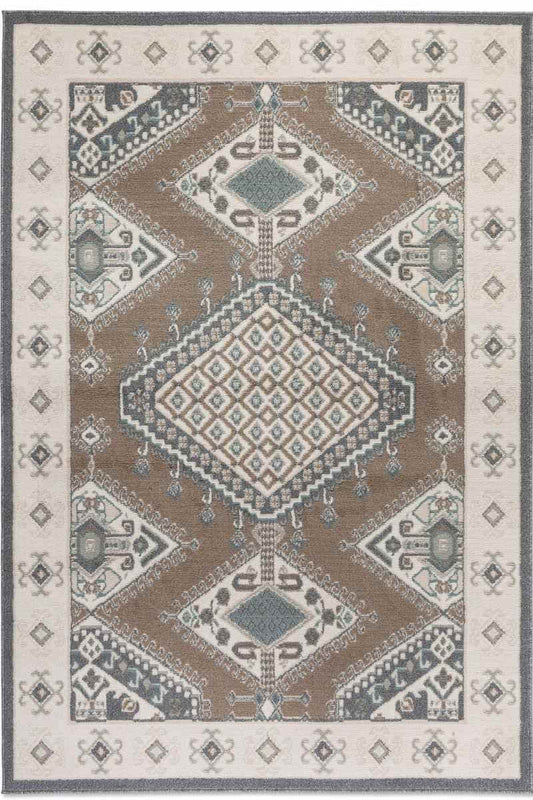 Decorative area rug with geometric pattern on a beige background