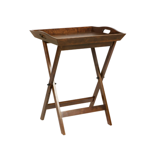 A dark chestnut brown wooden butler's tray with a foldable stand.
