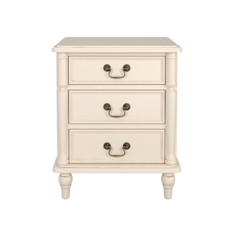 A Laura Ashley Clifton 3 Drawer Bedside Chest in Ivory with a classic design and metal handles.
