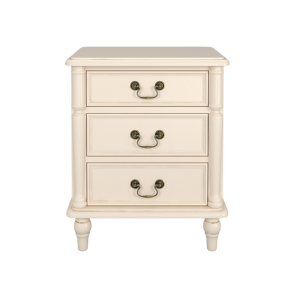 A Laura Ashley Clifton 3 Drawer Bedside Chest in Ivory with a classic design and metal handles.