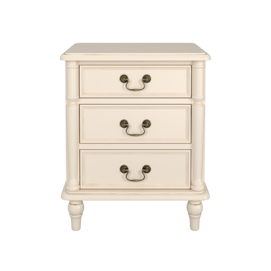 A Laura Ashley Clifton 3 Drawer Bedside Chest in Ivory with a classic design and metal handles.