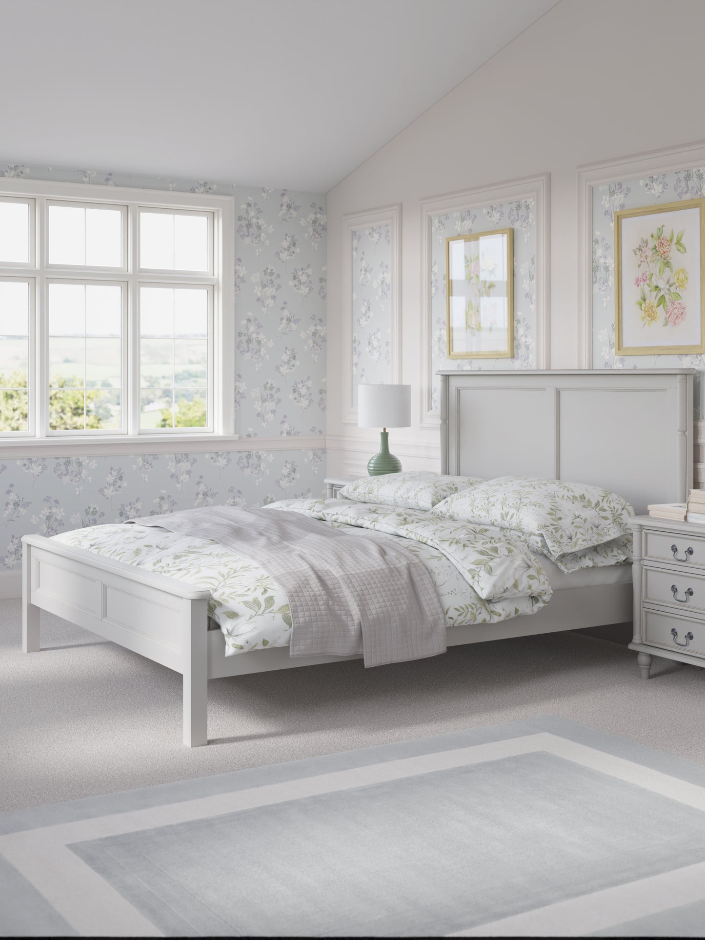 Dove grey wooden bed frame with a headboard and footboard, in a plain style with floral bedding and additional accessories