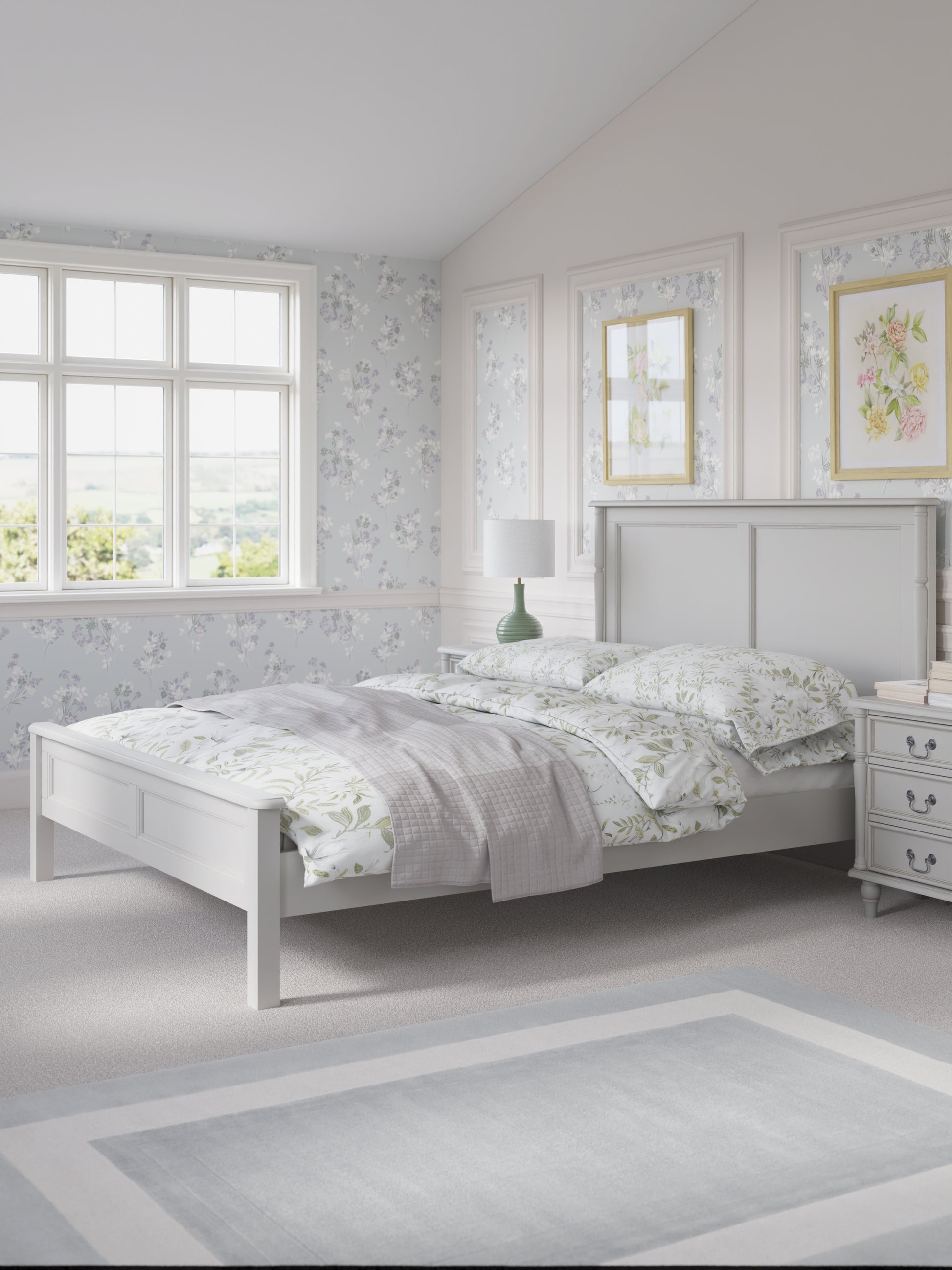 Dove grey wooden bed frame with a headboard and footboard, in a plain style with floral bedding and additional accessories