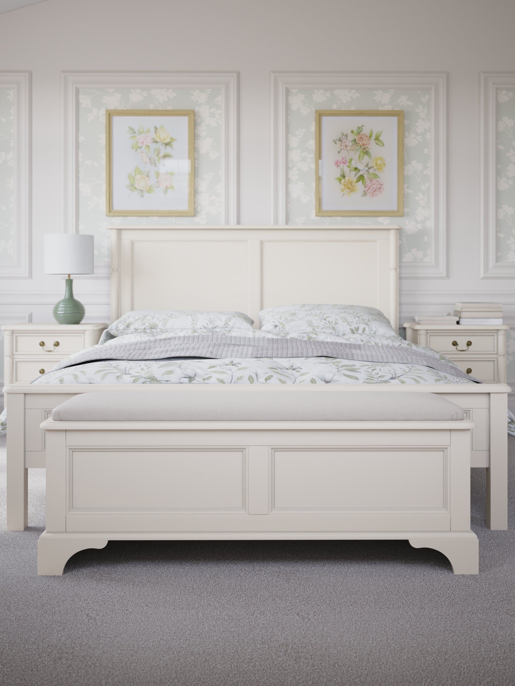 White wooden bed with floral decorations on the wall
