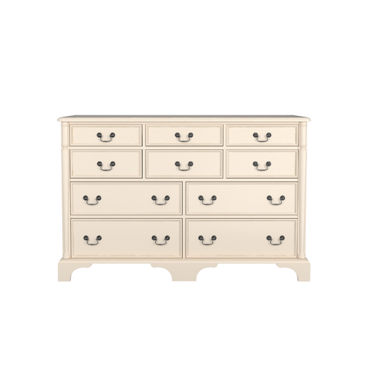 A beige Laura Ashley Clifton 6+4 Drawer Chest with metal handles and a classic design. 