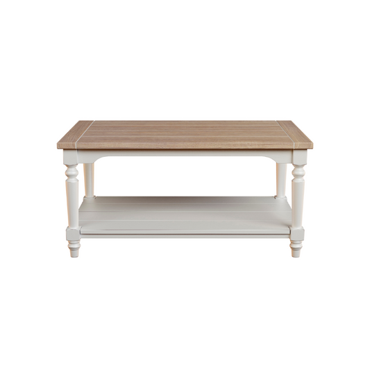 A Laura Ashley Dorset Coffee Table with a wooden top, white painted legs, and a lower shelf.