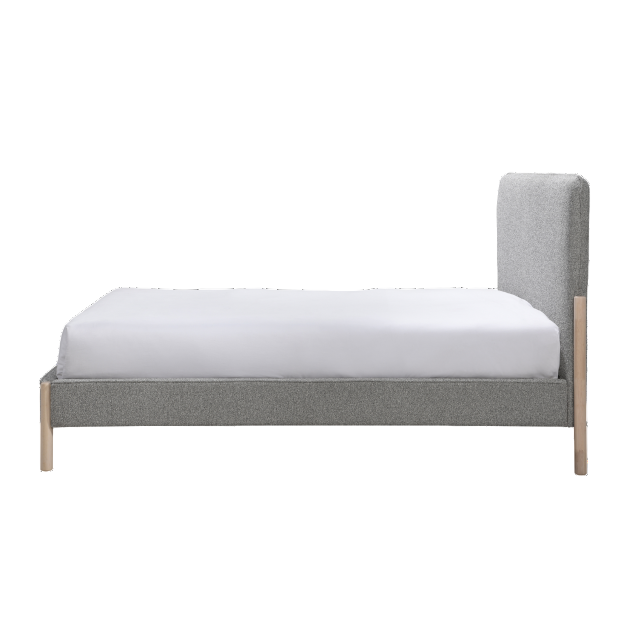 Gray upholstered bed with a white mattress on a white background