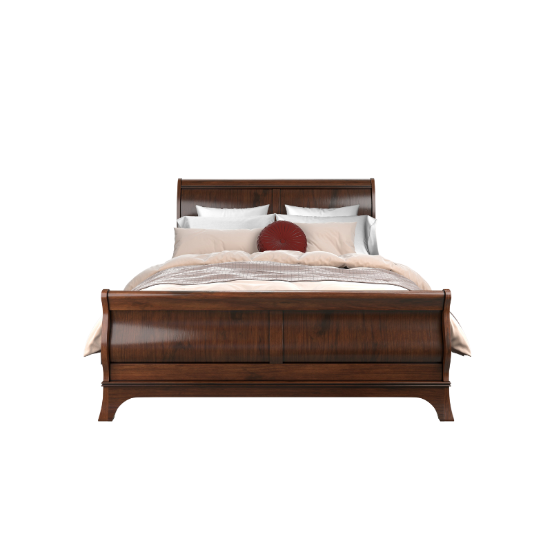 A dark brown wooden bed frame with a headboard and footboard, displayed against a plain background.