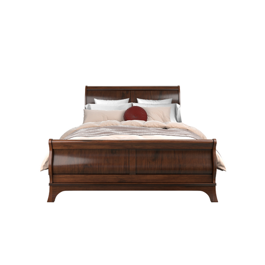 A dark brown wooden bed frame with a headboard and footboard, displayed against a plain background.