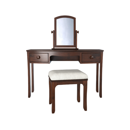 A traditional dark wooden 2-drawer dressing table with a mirror and a stool. The stool has a white seat pad.