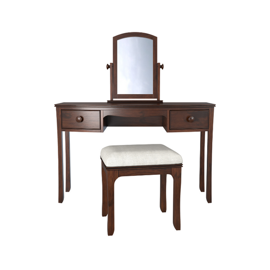 A traditional dark wooden 2-drawer dressing table with a mirror and a stool. The stool has a white seat pad.