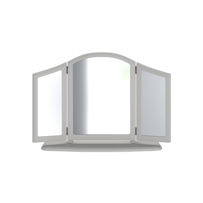 A three-panel folding dressing table mirror in dove grey with a curved top and a solid wood frame.