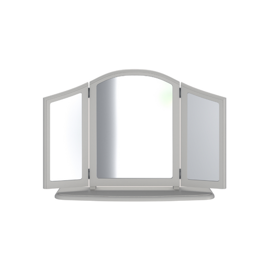A three-panel folding dressing table mirror in dove grey with a curved top and a solid wood frame.