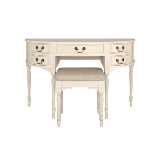A Clifton Dressing Table and Stool Set in ivory color, with the stool positioned in front of the table.