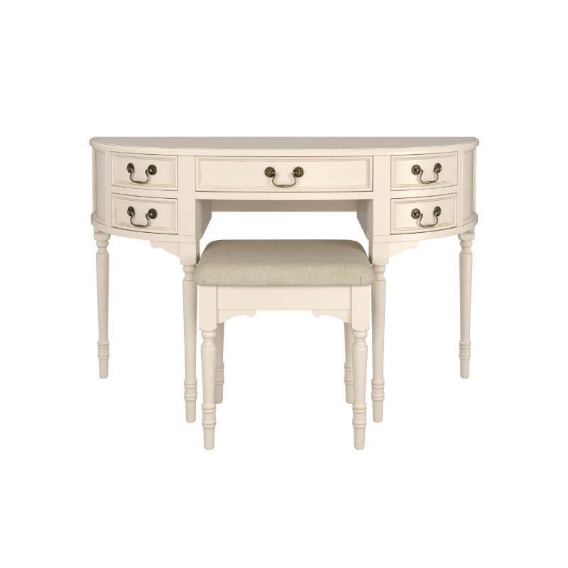 Beige desk with multiple drawers on a white background and a padded upholstered stool