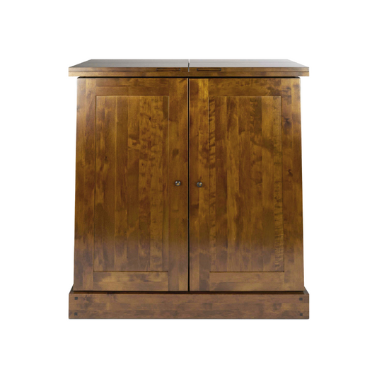 A closed Garrat drinks cabinet in dark chestnut color with two doors and a flat top.
