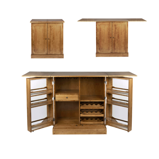 An extendable drinks cabinet in a honey-colored finish, showing the interior with wine storage and the cabinet in both open and closed states.