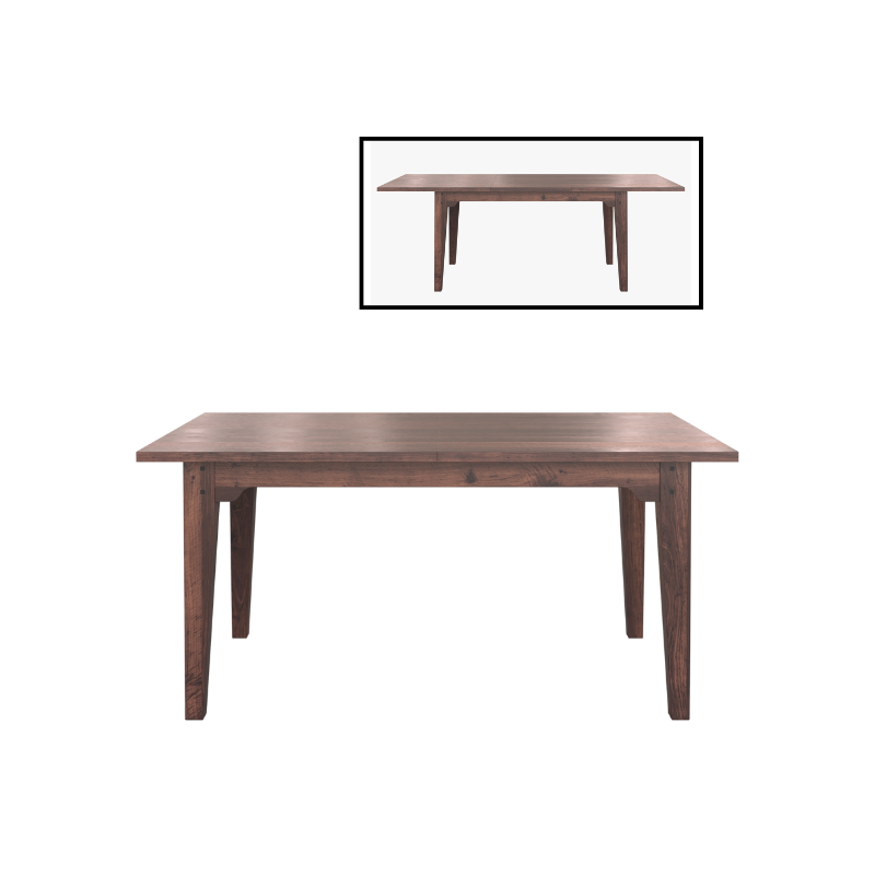 A wooden extendable dining table with a darker finish, showing both a wide view and a narrower view of the table's top.