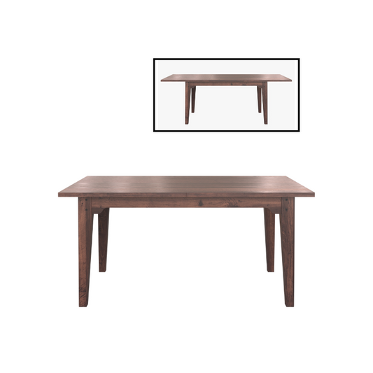 A wooden extendable dining table with a darker finish, showing both a wide view and a narrower view of the table's top.