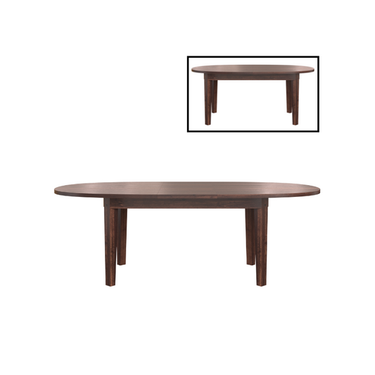 An oval-shaped, dark brown wooden dining table with visible wood grain, supported by a solid, rounded base.