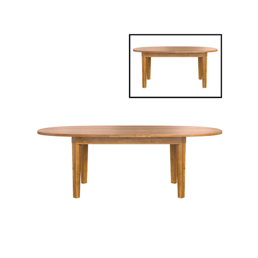 An oval extending dining table made of oak wood, shown in two different angles with a smaller inset image showing the table's leaf extended.