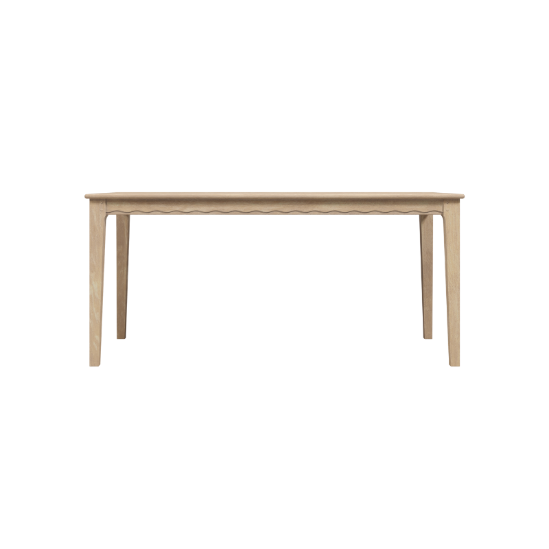 A rectangular oak dining table with a washed finish and visible wood grain, having a minimalist design with simple legs.