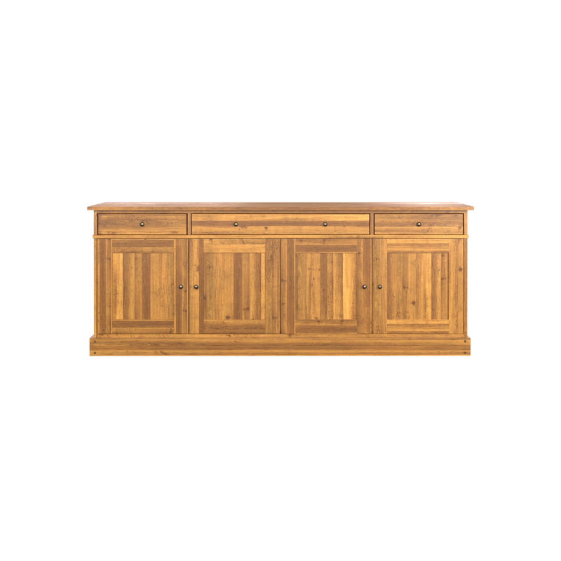 A honey-colored wooden sideboard with four doors and three drawers.