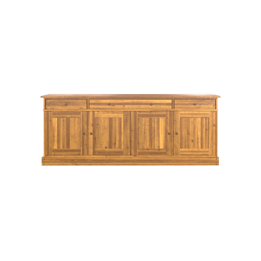 A honey-colored wooden sideboard with four doors and three drawers.