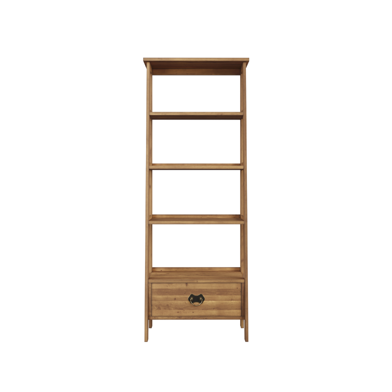 A honey-colored Garrat ladder shelving unit with multiple shelves and a drawer.