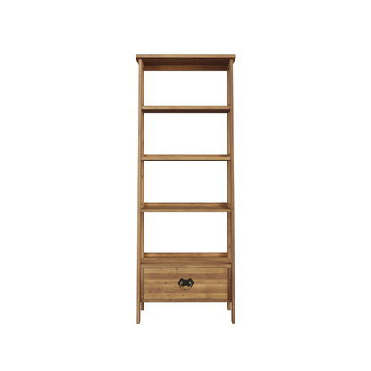 A honey-colored Garrat ladder shelving unit with multiple shelves and a drawer.