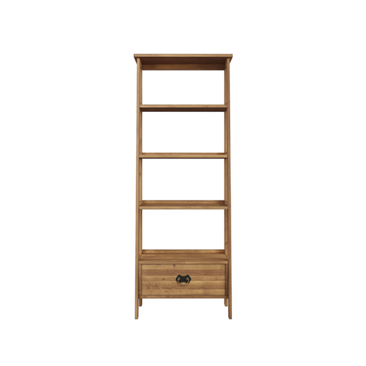 A honey-colored Garrat ladder shelving unit with multiple shelves and a drawer.