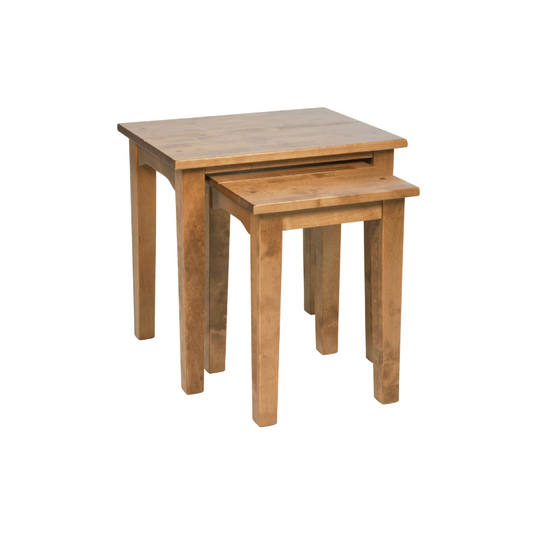 A set of two nesting tables in a honey oak finish, with the larger table on top of the smaller one.