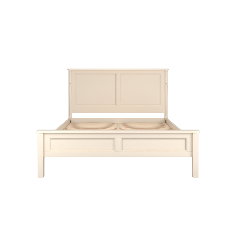 A beige wooden bed frame with a paneled headboard and footboard, and a solid base, isolated on a white background.