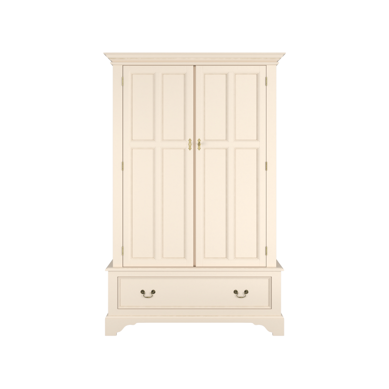 A beige 2 door 1 drawer wardrobe with panelled doors and a drawer at the bottom, on a white background.