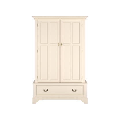A beige 2 door 1 drawer wardrobe with panelled doors and a drawer at the bottom, on a white background.