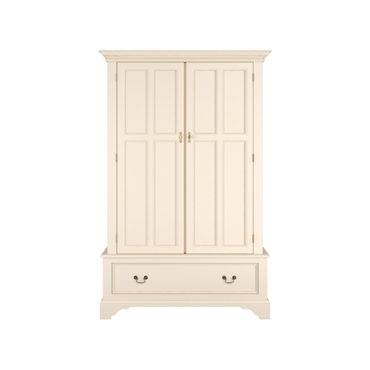 A beige 2 door 1 drawer wardrobe with panelled doors and a drawer at the bottom, on a white background.