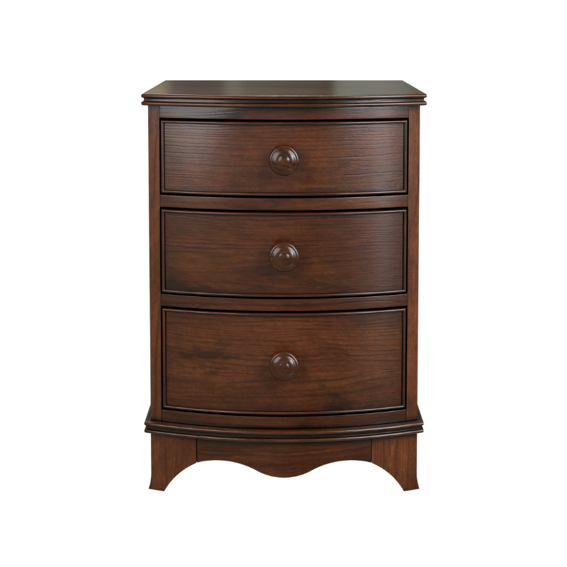 A dark wooden 3-drawer bedside chest with a curved front and traditional design.