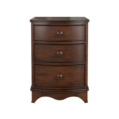 A dark wooden 3-drawer bedside chest with a curved front and traditional design.