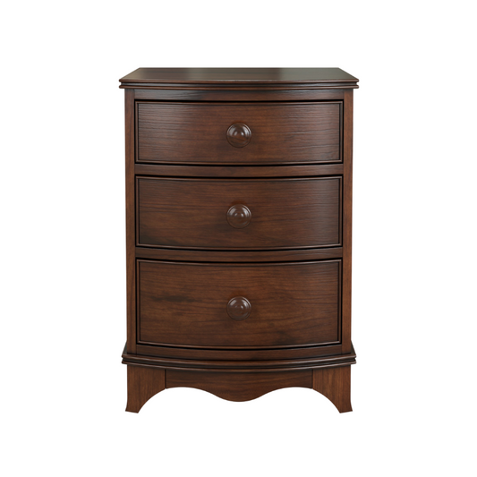 A dark wooden 3-drawer bedside chest with a curved front and traditional design.