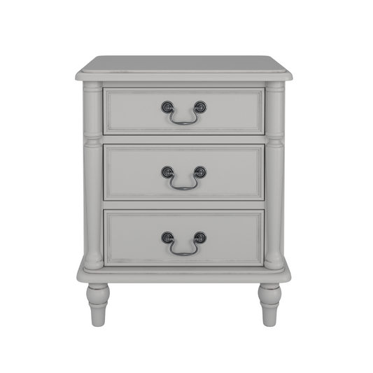 A dove grey 3-drawer bedside chest with traditional design and metal handles.