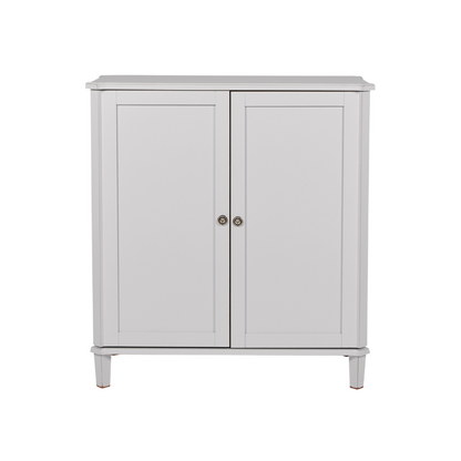 Pale grey drinks cabinet with two doors on a white background