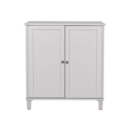 Pale grey drinks cabinet with two doors on a white background