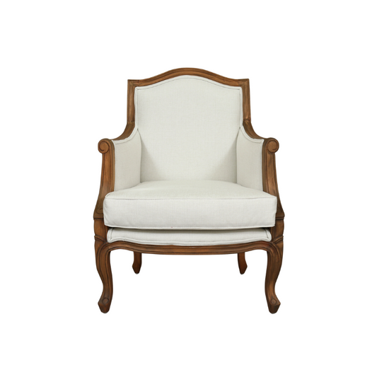 White armchair with wooden frame on a white background