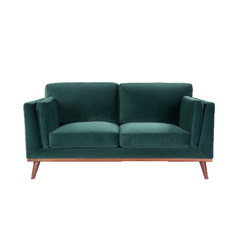 One green velvet sofa with a walnut base and tapered legs.