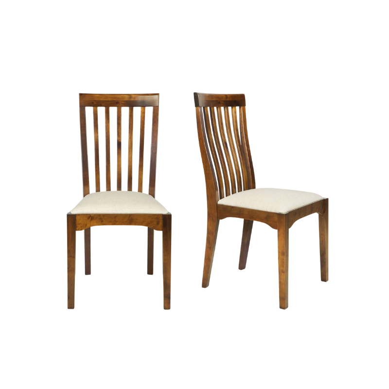 A pair of dining chairs with a dark chesnut finish, featuring a slatted backrest and a padded seat cushion.