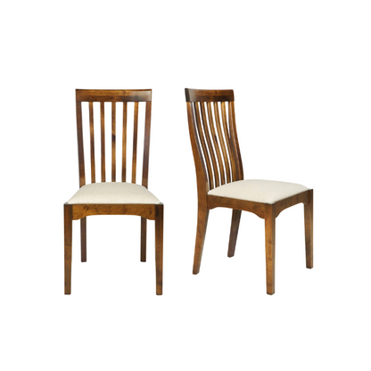 A pair of dining chairs with a dark chesnut finish, featuring a slatted backrest and a padded seat cushion.