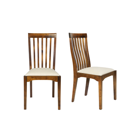 A pair of dining chairs with a dark chesnut finish, featuring a slatted backrest and a padded seat cushion.