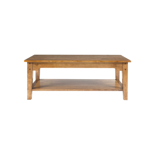 A rectangular honey-colored oak coffee table with a lower shelf, featuring a rustic design.