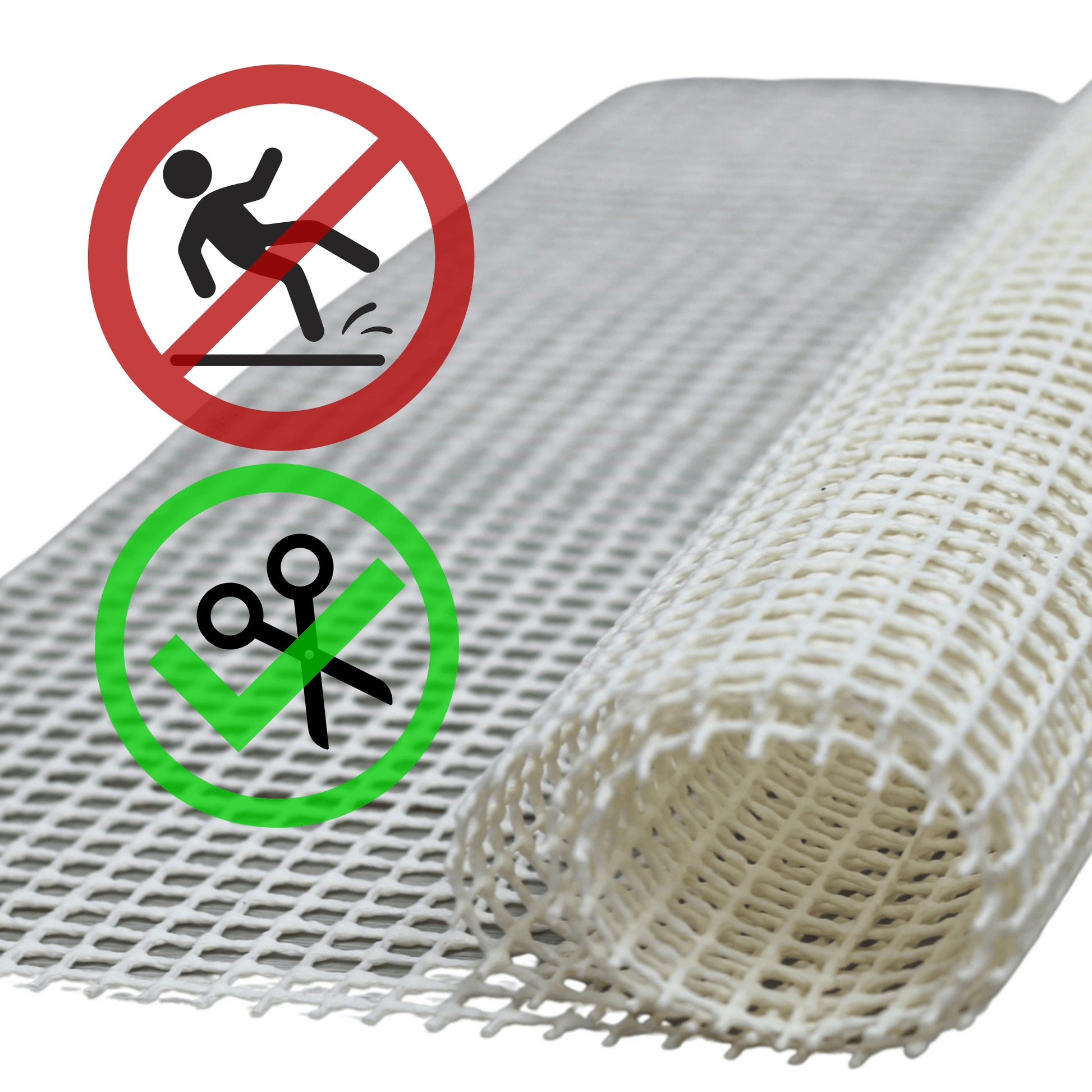 Roll of rug gripper netting with warning symbols indicating it is a non-slip product and it is safe to cut the gripper with scissors