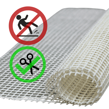 Roll of rug gripper netting with warning symbols indicating it is a non-slip product and it is safe to cut the gripper with scissors